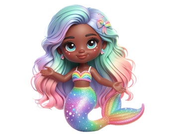 Mermaid Clipart, Rainbow Mermaid, Black Mermaid PNG, Transparent Digital Download, Cute Glitter Mermaid Sublimation Printable