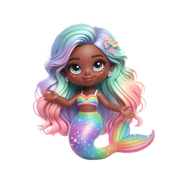 Mermaid Clipart, Rainbow Mermaid, Black Mermaid PNG, Transparent Digital Download, Cute Glitter Mermaid Sublimation Printable