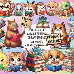 Pacote de clipart para professores, leitura de animais, pacote de clipart para a volta às aulas, conjunto de clipart fofo para a escola, pacote de transparências PNG para a escola