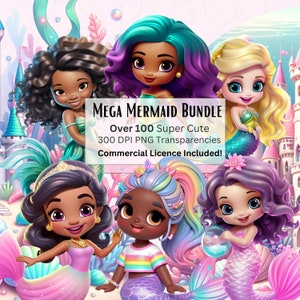 Cute Mermaids Clipart Bundle, Large Mermaid PNG Bundle Transparencies, Colourful Mermaid Printables, Undersea Clipart, Mermaid Castles