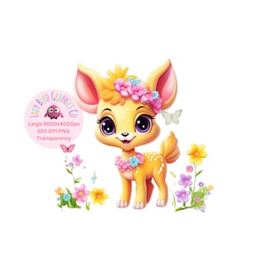 Deer Clipart, Cute Woodland Deer PNG, Deer with Flowers Instant Download Transparency, Girls Cute Deer Printable, Baby Woodland Animal Image