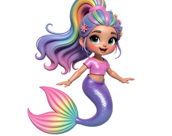 Mermaid Clipart, Rainbow Mermaid,  Transparent Digital Download, Cute Glitter Mermaid Sublimation Commercial License, Under the Sea Clipart