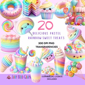 Clipart di caramelle carino, pacchetto PNG di dolci pastello, immagini trasparenti, dolcetti arcobaleno, Clipart di deserti pastello Candyland Kawaii, cupcakes Kawaii
