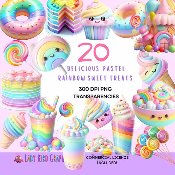 Cute Candy Clipart, Pastel Sweets PNG Bundle, Transparent Images, Rainbow Treats, Candyland Kawaii Pastel Deserts Clipart, Kawaii Cupcakes
