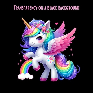 K&ouml;nnte beinhalten: Eine Illustration eines wei&szlig;en Einhorns mit goldenem Horn, Regenbogenm&auml;hne und -schwanz sowie rosa Fl&uuml;geln. Das Einhorn ist mit Blumen geschm&uuml;ckt und steht in der N&auml;he eines Regenbogens. Der Text "TRANSPARENCY ON A BLACK BACKGROUND" steht oben.