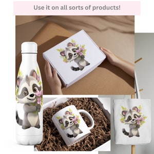 May include: White water bottle, mug, tote bag, and gift box featuring a cartoon raccoon holding pink flowers. The gift box is held by a person. The text "Use it on all sorts of products!" is at the top.