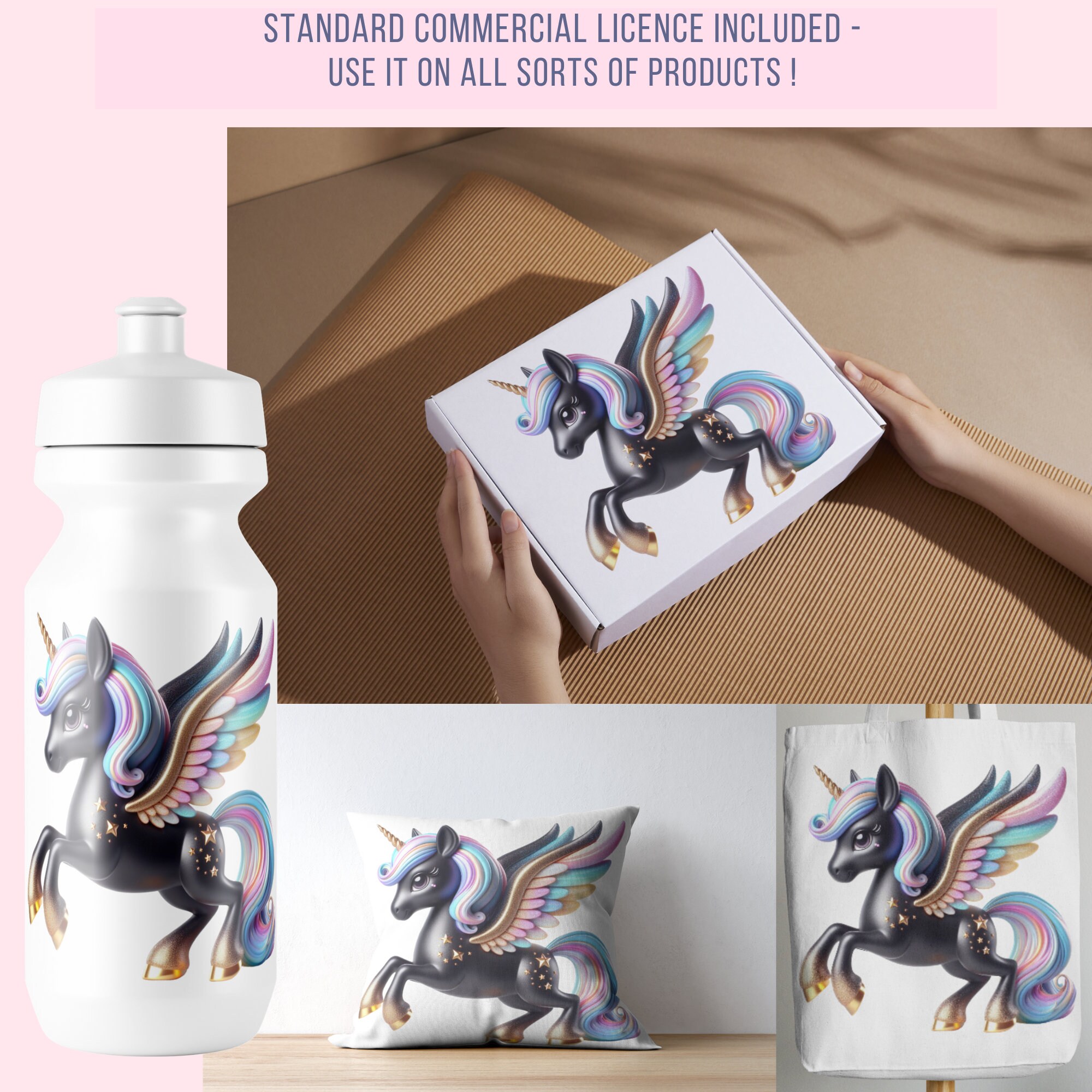 Rainbow Pegasus Unicorn Clipart: Black and Gold PNG (digital Download ...