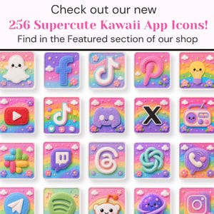 K&ouml;nnte beinhalten: Eine Sammlung von 256 Supercute Kawaii App-Symbolen, jedes mit einem einzigartigen Design und Pastellfarben. Die Symbole zeigen Social-Media-Logos und andere Symbole vor einem Regenbogenhintergrund mit floralen Akzenten. Der Text oben lautet "Check out our new 256 Supercute Kawaii App Icons!"