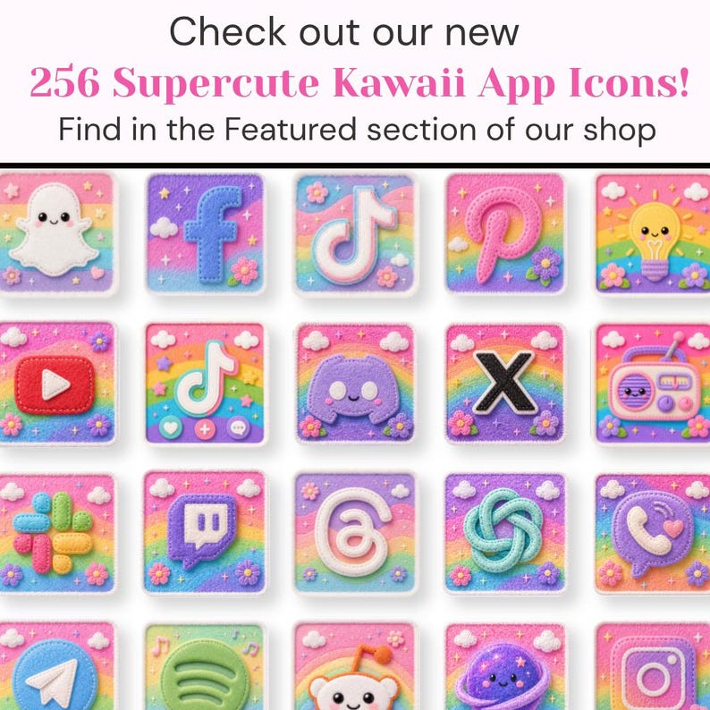 K&ouml;nnte beinhalten: Eine Sammlung von 256 Supercute Kawaii App-Symbolen, jedes mit einem einzigartigen Design und Pastellfarben. Die Symbole zeigen Social-Media-Logos und andere Symbole vor einem Regenbogenhintergrund mit floralen Akzenten. Der Text oben lautet "Check out our new 256 Supercute Kawaii App Icons!"