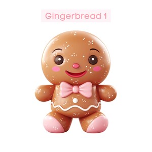 May include: A gingerbread man toy with a pink bow tie and white icing. The gingerbread man is smiling and has brown eyes. Gingerbread 1 is written in pink text above the gingerbread man.