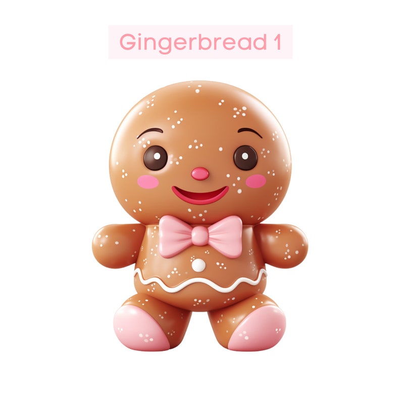 May include: A gingerbread man toy with a pink bow tie and white icing. The gingerbread man is smiling and has brown eyes. Gingerbread 1 is written in pink text above the gingerbread man.