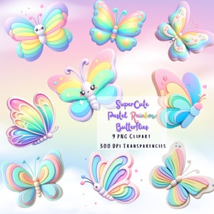 Cute Butterfly Clipart, Pastel Butterfly PNG Bundle, Transparent Images, Rainbow Butterflies, Cute Kawaii Pastel Butterfly Clipart