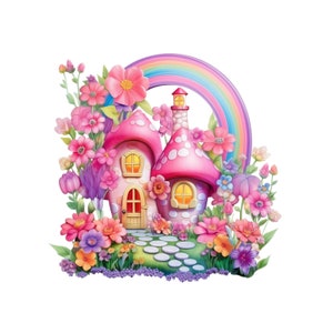 妖精の家、かわいい虹の妖精のコテージのクリップアート、おとぎ話の家のインスタントPNGダウンロードの透明度、女の子の虹の庭の妖精の印刷可能