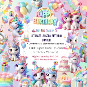 Unicorn Birthday Clipart Bundle, Large  Unicorn PNG Birthday Bundle, Digital Transparencies, Girls Cute Unicorn Party Clipart