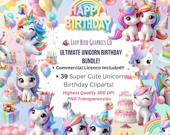 Unicorn Birthday Clipart Bundle, Large  Unicorn PNG Birthday Bundle, Digital Transparencies, Girls Cute Unicorn Party Clipart