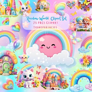 Clipart de arco-íris, pacote de PNG de mundo de arco-íris pastel, imagens transparentes, flores, corações, borboletas, animais fofos, reino mágico