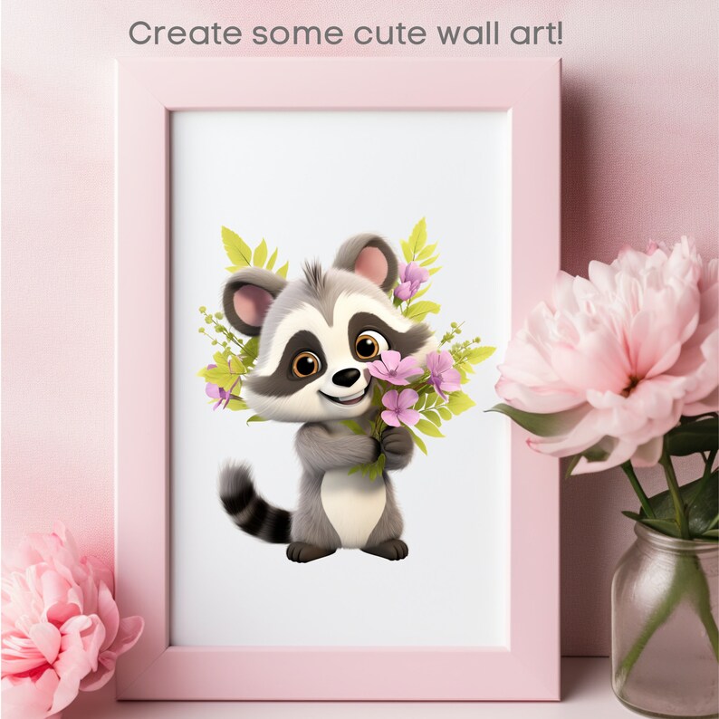 May include: A framed print featuring a cartoon raccoon holding a bouquet of pink flowers and greenery. The raccoon has gray and white fur with a black mask. The frame is pink, and the text "Create some cute wall art!" is at the top.