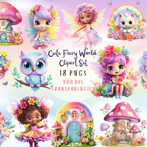 Cute Fairies Clipart, Fairy World PNG Bundle, Transparent Images, Garden Fairies, Flowers, Fairy House and Door, Cute Animals, Loveheart