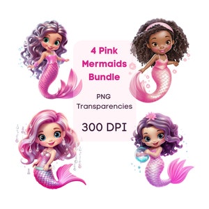 Cute Mermaid Clipart Bundle, Four Pink PNG Mermaids, Mermaid Transparent Digital Downloads, Girls Cute Pink Mermaid Printable Bundle