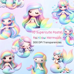 Cute Mermaid Clipart, Pastel Mermaid PNG Bundle, Transparent Images, Rainbow Mermaids, Girls Mermaid Birthday Images, Cute Pastel Clipart