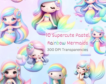 Cute Mermaid Clipart, Pastel Mermaid PNG Bundle, Transparent Images, Rainbow Mermaids, Girls Mermaid Birthday Images, Cute Pastel Clipart