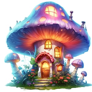 Mushroom Cottage Clipart, Fairy House PNG Graphic, Gnome Home Transparent Background Digital Download, Kids Mushroom House Printable
