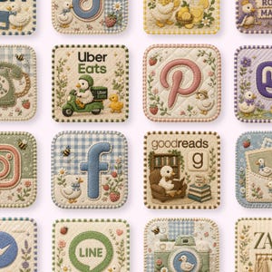May include: A collection of square, quilted patches featuring various app icons and charming illustrations. Each patch showcases a different design, including social media logos, a duck riding a scooter, and floral accents. The patches are bordered with decorative stitching.