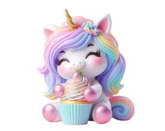 Rainbow Unicorn Clipart: Birthday Cupcake PNG (Digital Download)