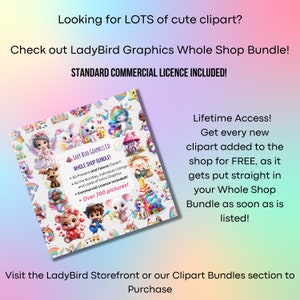 May include: A colorful digital illustration of a variety of cute cartoon characters, including a unicorn, a cat, a rabbit, a pig, and a fairy. The image includes the text "Lady Bird Graphics Co Whole Shop Bundle!" and "Over 700 pictures!" The image also includes the text "Lifetime Access! Get every new clipart added to the shop for FREE, as it gets put straight in your Whole Shop Bundle as soon as is listed!"