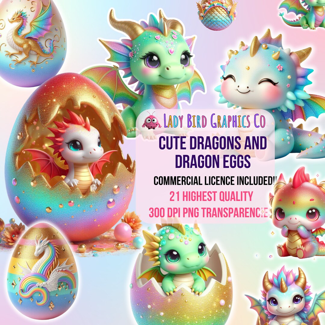 Cute Dragon and Eggs Clipart Bundle, PNG Baby Dragon Transparencies ...