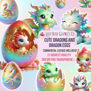 Cute Dragon and Eggs Clipart Bundle, PNG Baby Dragon Transparencies, Cute Dragon Eggs, Baby Dragons, Easter Dragon Egg Printable Images