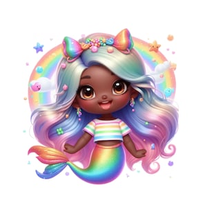Clipart sirena, sirena africana, sirena nera PNG, download digitale trasparente, carina sirena arcobaleno stampabile a sublimazione