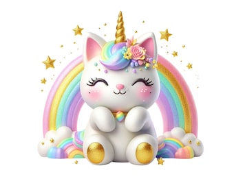 Könnte beinhalten: Eine weiße Katze mit einem Einhornhorn und Blumen auf dem Kopf sitzt vor einem Regenbogen. Die Katze hat die Augen geschlossen und einen glücklichen Ausdruck. Um die Katze und den Regenbogen herum sind goldene Sterne verstreut.