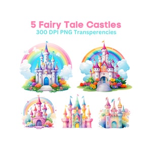 Märchenschloss Clipart, Blumiges Regenbogen Schloss PNG Bundle, Prinzessin Schloss, sofortiger Download Transparenz, Mädchen Schloss druckbar