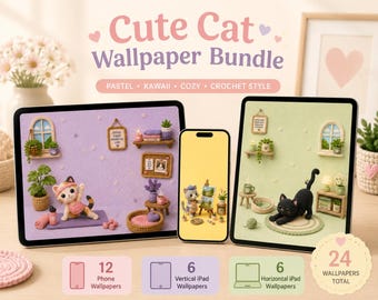 Cute Cat Wallpaper Bundle | 12 Tablet and 12 Phone Wallpapers, Kawaii Pastel Aesthetic, iPhone Android iPad Backgrounds, Digital Download