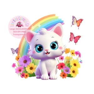 Cute Kitten Clipart, Pink and White Kitten PNG Transparency, Cute White Cat, Flowers and Butterflies, Instant Download Cartoon Printable