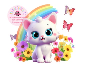 Cute Kitten Clipart, Pink and White Kitten PNG Transparency, Cute White Cat, Flowers and Butterflies, Instant Download Cartoon Printable