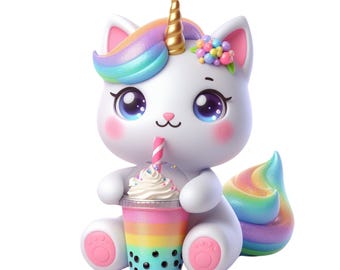 Caticorn, Cute Kitycorn with Bubble Tea  PNG, Instant Download Transparency, Cute Kittycorn, Cat Unicorn Commercial Use
