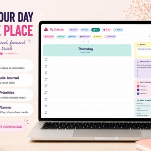 Puede incluir: Ordenador port&aacute;til que muestra una interfaz de planificador digital con el texto "Planifica tu d&iacute;a en un solo lugar". La pantalla muestra secciones para notas, diario de gratitud, prioridades diarias y un planificador de comidas.