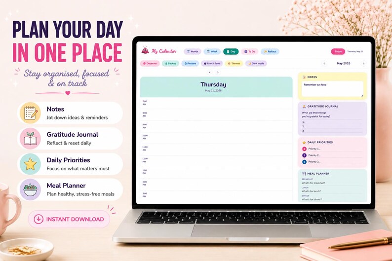 Puede incluir: Ordenador port&aacute;til que muestra una interfaz de planificador digital con el texto "Planifica tu d&iacute;a en un solo lugar". La pantalla muestra secciones para notas, diario de gratitud, prioridades diarias y un planificador de comidas.