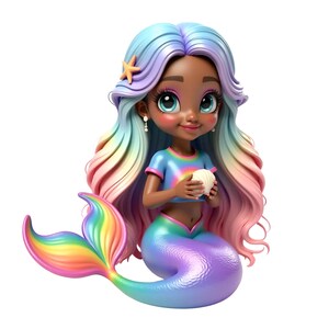 Illustrazione di una sirena carina, sirena afroamericana, clipart di una sirena nera, PNG e JPEG trasparenti, download digitale di una sirena verde carina
