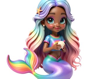 Cute Mermaid Illistration, African American Mermaid, Black Mermaid Clipart, PNG and JPeG Transparent digital download, cute green mermaid