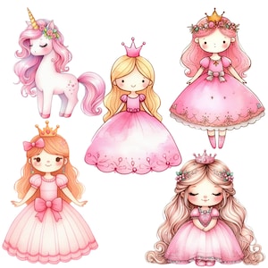 Cute Pink Princess Clipart Bundle, Watercolour Fairytale PNG ...