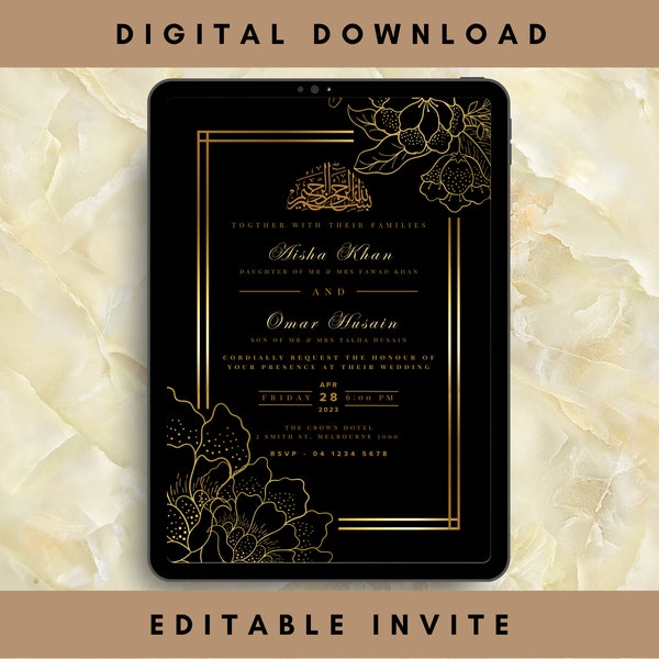 Muslim Wedding Invitation Editable Template | Black Gold Islamic Nikkah Invite | Engagement Invitation Editable Evite | DIGITAL DOWNLOAD