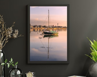 Photograph of a boat and its reflection in Brittany. High quality printing, Photo Image Poster Poster Wall Decoration Sunrise