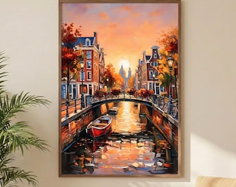 Amsterdam Canal Print | Autumn Cityscape Art | European Canal Wall Decor