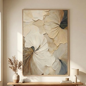 3D Floral Wall Art | Textured Beige Abstract Flower Print | Neutral Modern Decor