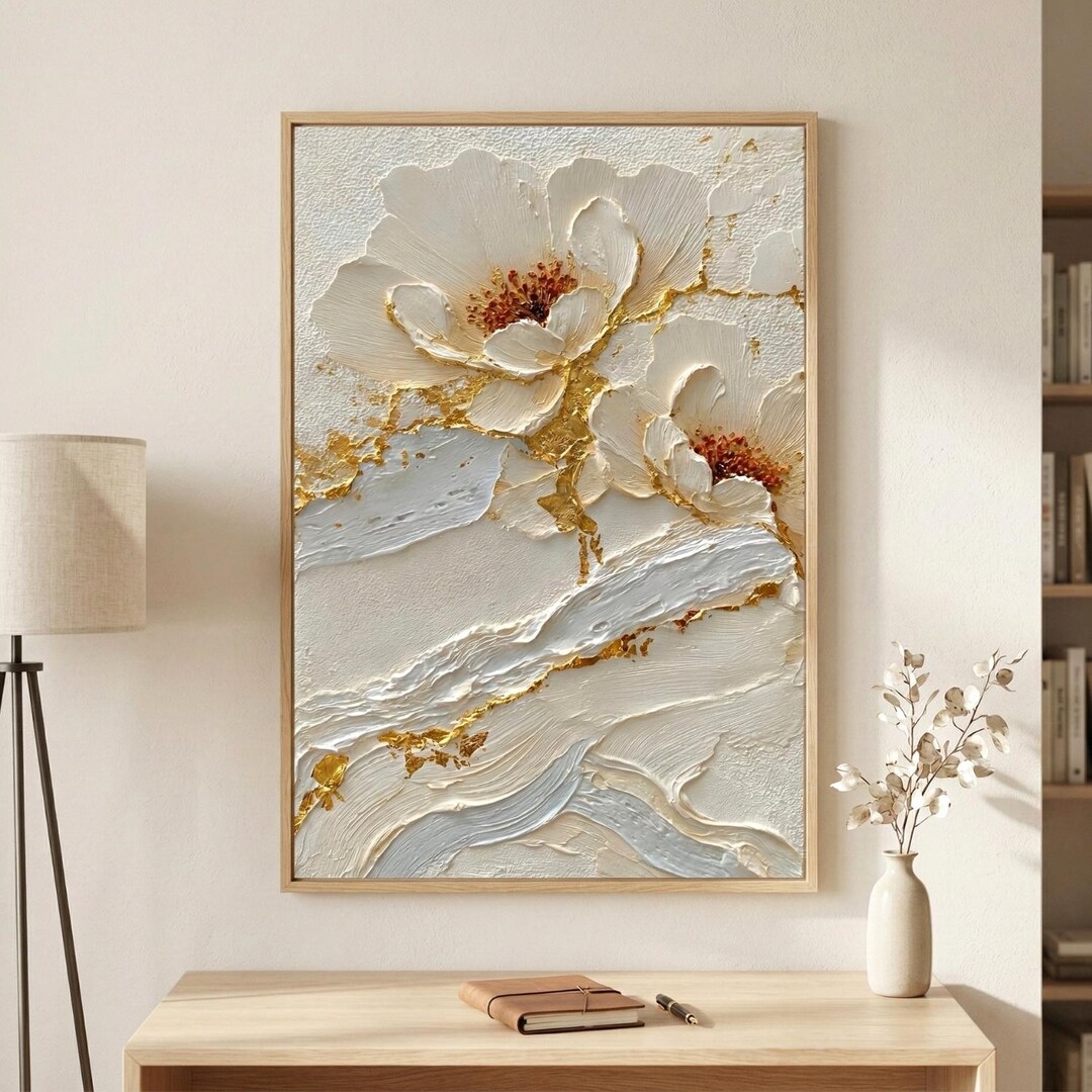 3D Flower Wall Art | Textured White Gold Floral Print | Neutral Luxury ...