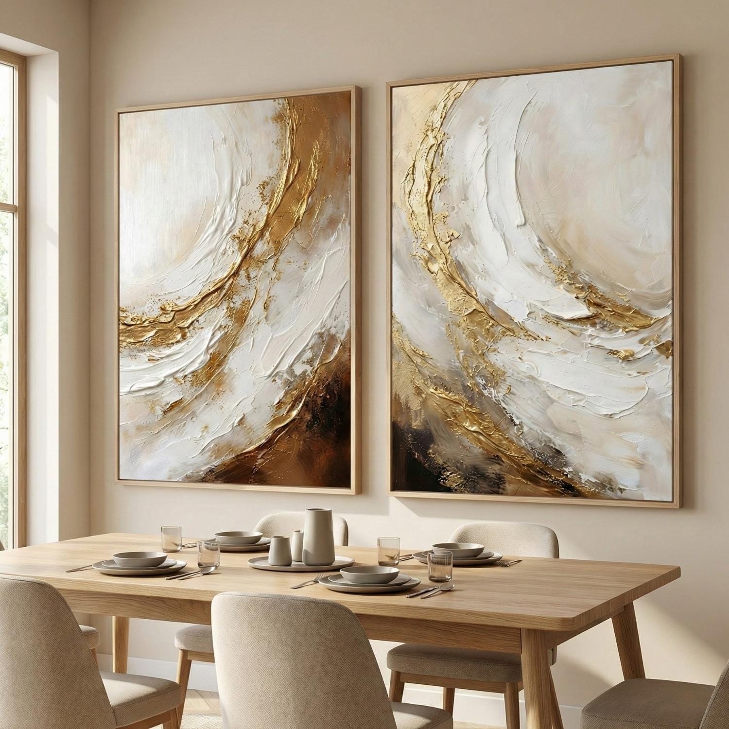 Abstract Art Set of 2 | Neutral Beige Gold Textured Prints for Modern ...