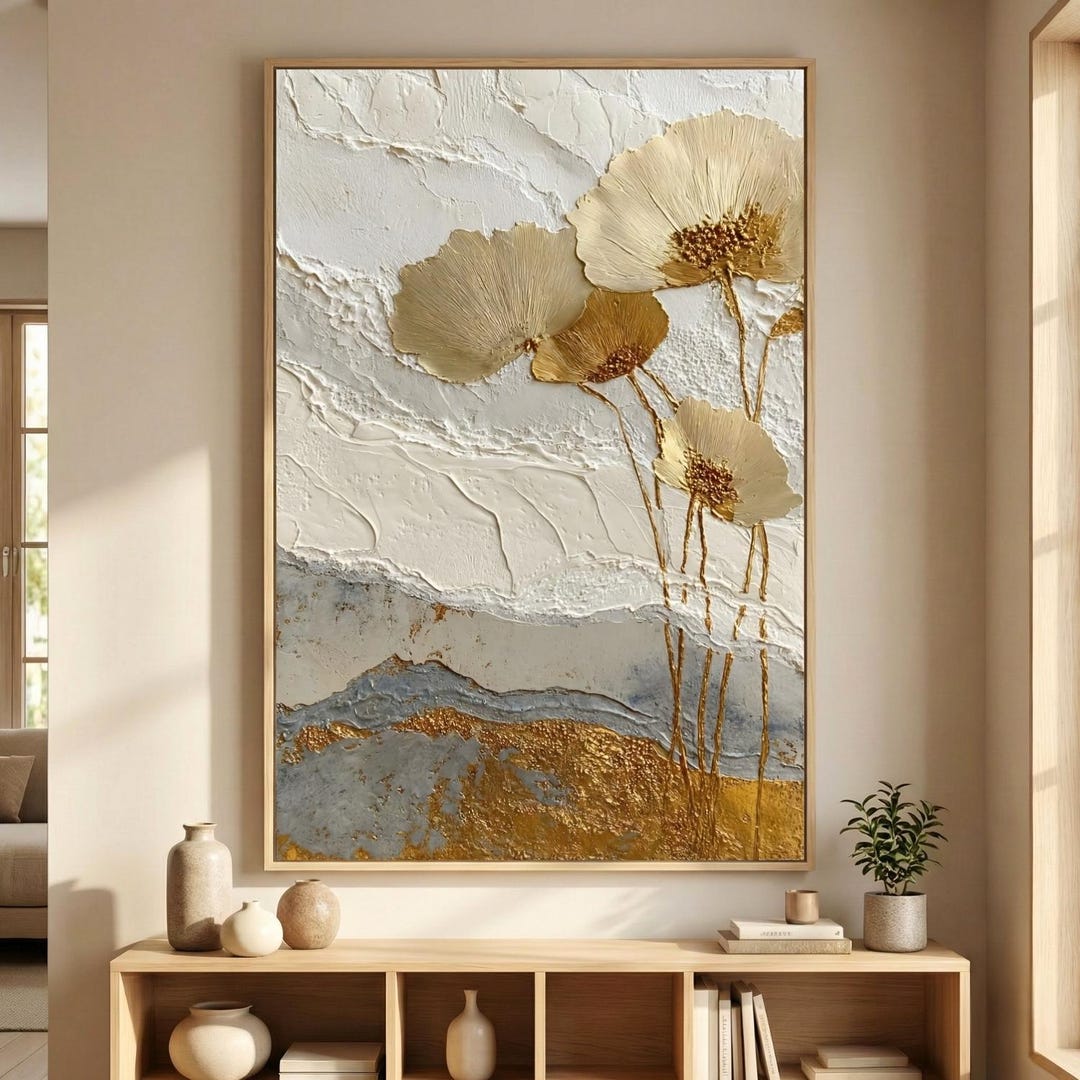 Textured Gold Wall Art | Luxury 3D Floral Canvas Print | Neutral Beige ...